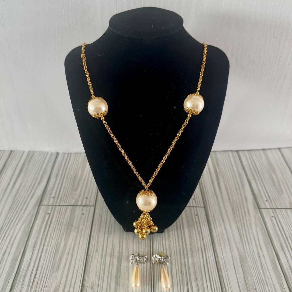 Gold Tone Faux Pearl 28" Tassel Necklace & Coordinating Dangle Bow Earrings Set